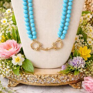 Southern Glitz Turquoise color Double Strand Necklace | Gold Horsebit|